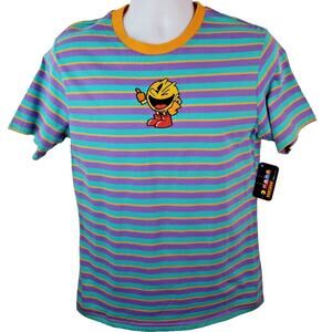 NWT Pac Man Video Game Retro Style Striped Embroidered Purple/Blue Tshirt Size S